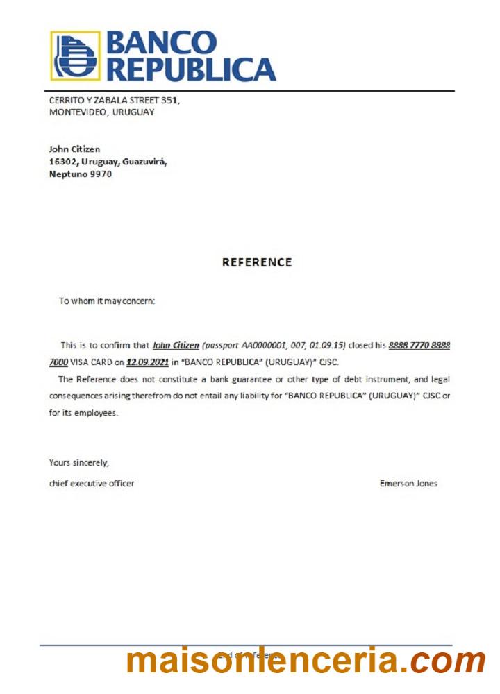 Ejemplo de referencia de Uruguay Banco República en formatos Word y PDF